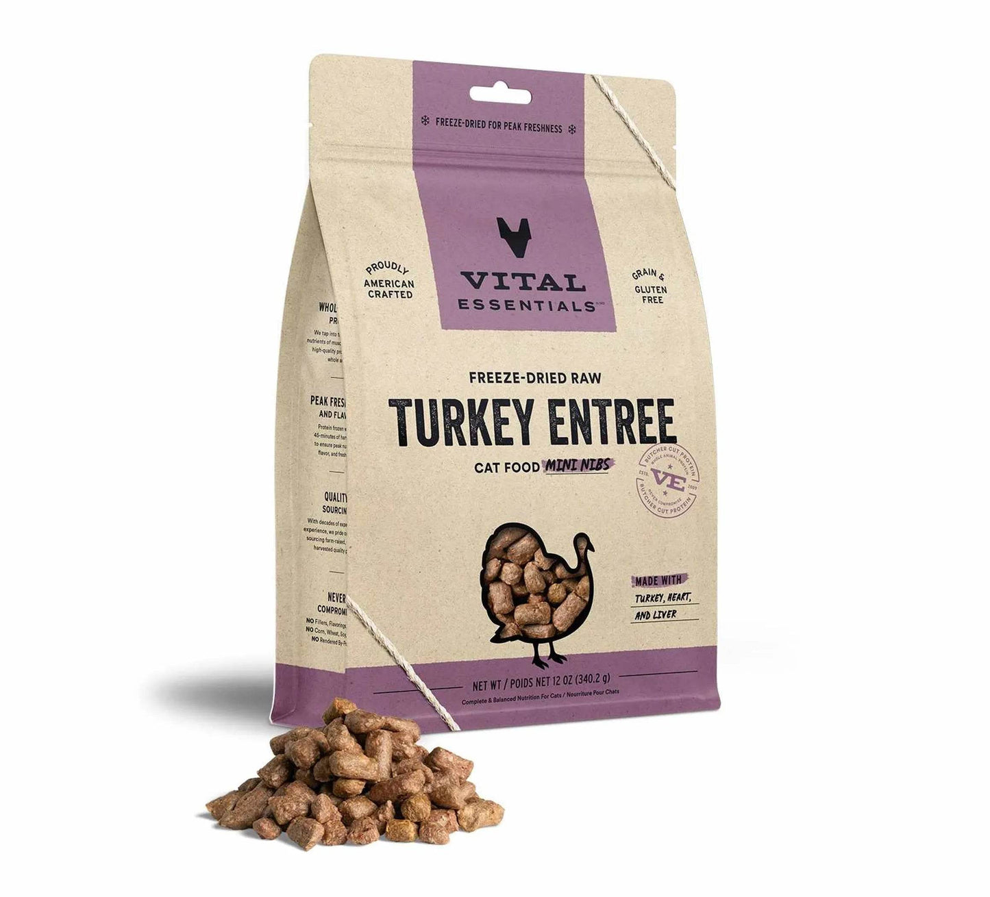 Vital Essentials(R) Freeze-Dried Raw Turkey Entree Cat Food Mini Nibs, - Beasty Lux