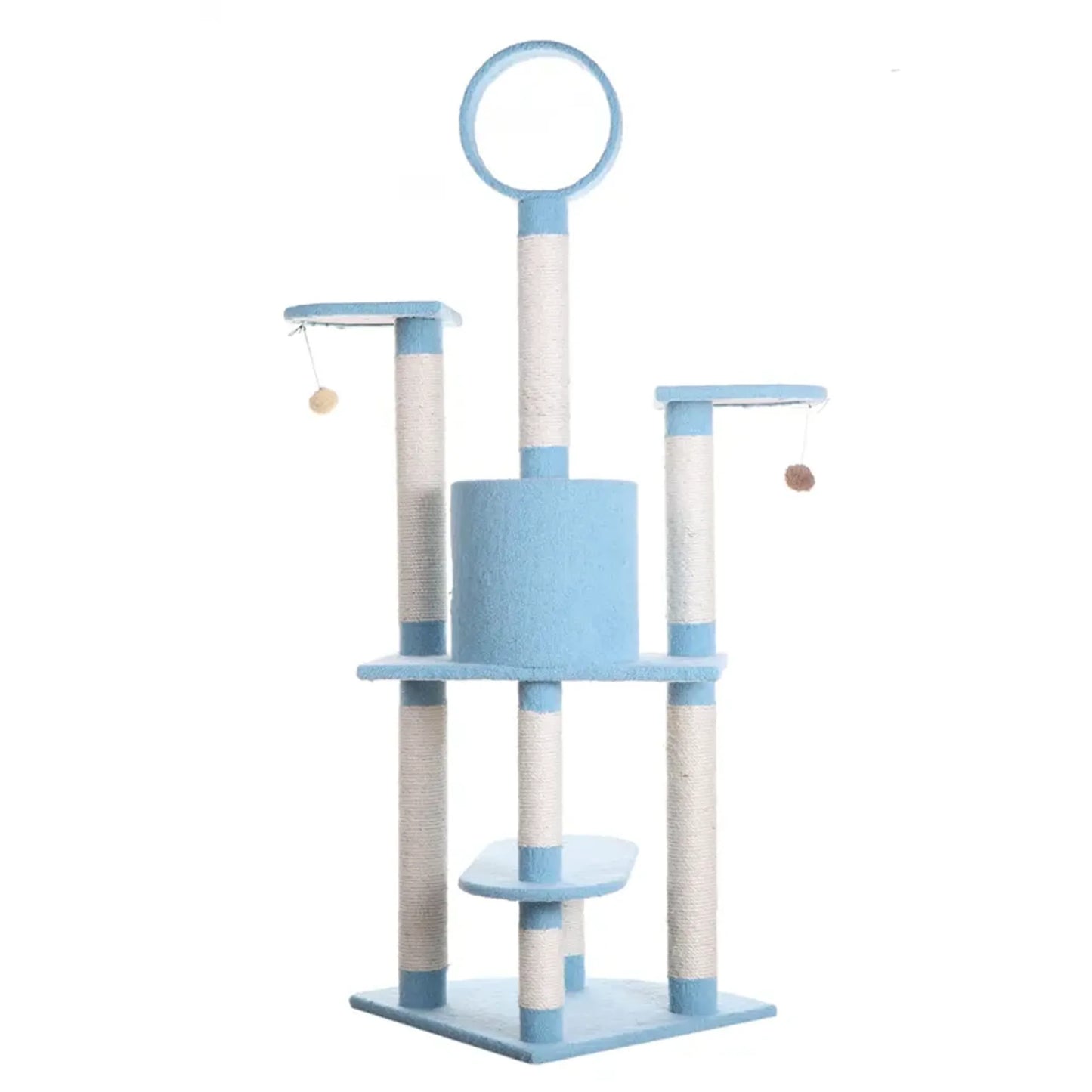 Real Wood 65-Inch Classic Cat Tree In Sky Blue 5-Level Condo