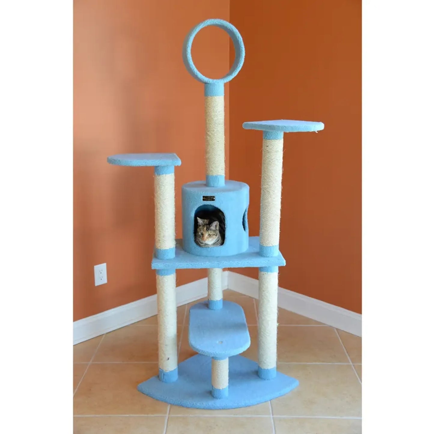 Real Wood 65-Inch Classic Cat Tree In Sky Blue 5-Level Condo