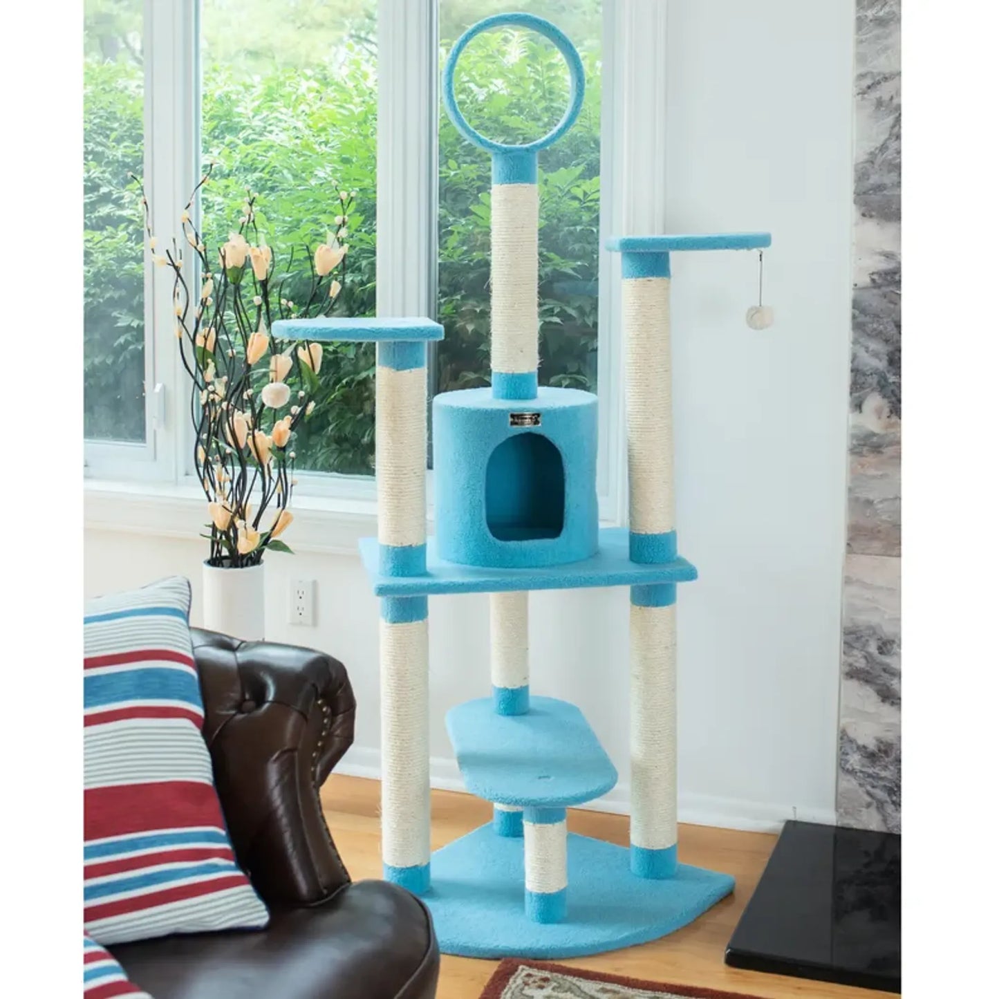 Real Wood 65-Inch Classic Cat Tree In Sky Blue 5-Level Condo