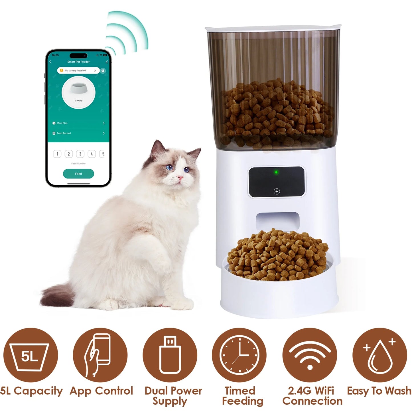 5L Automatic WiFi Pet Feeder with Timer (2.4G) for Cats