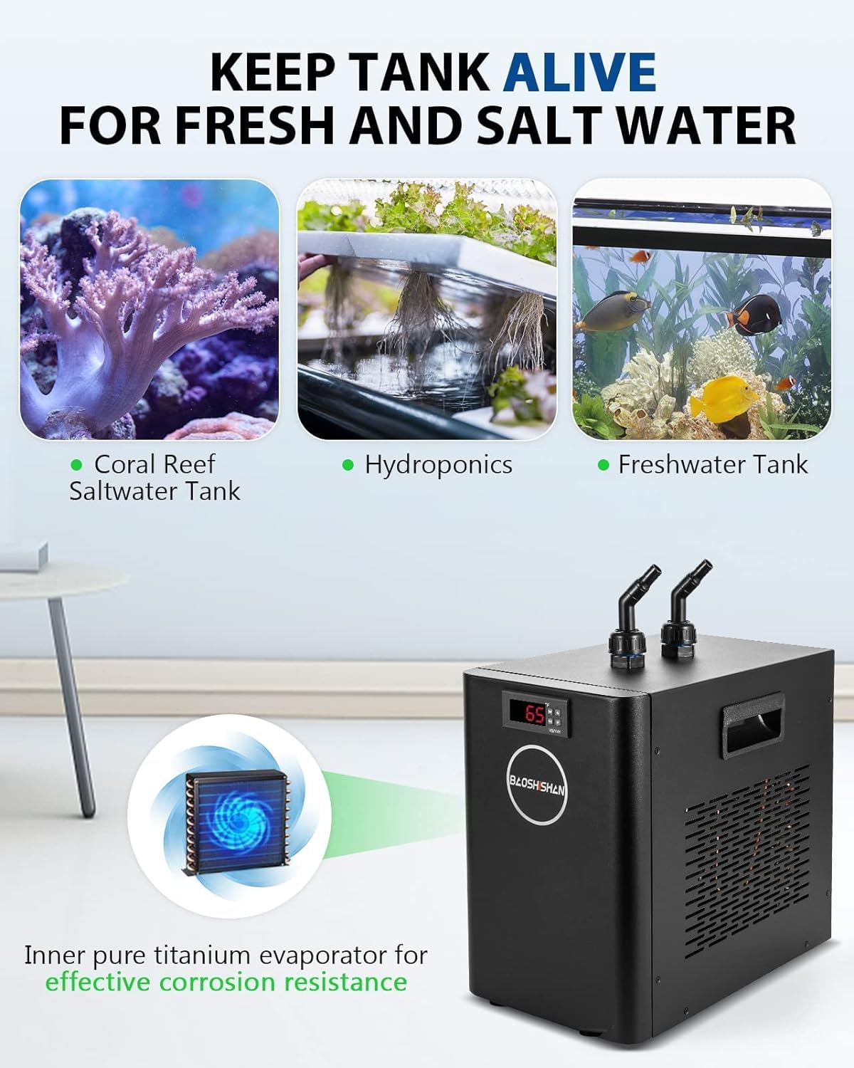 Beasty Lux BAOSHISHAN BAOSHISHAN Aquarium Chiller 42gal 1/10 HP Water Chiller for Hydroponics System with Compressor Refrigeration Special Quiet Design for Fish Tank Axolotl Coral Reef Tank 160L