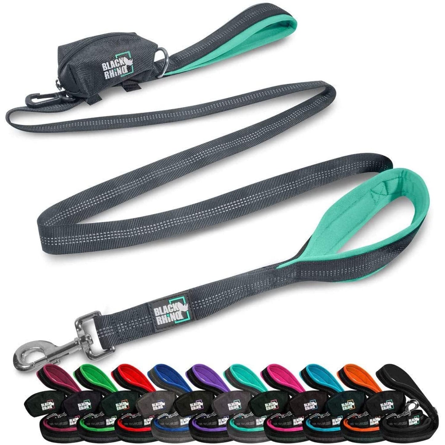 Beasty Lux Black Rhino Black Rhino Dog Leash - Heavy Duty - Medium & Large Dogs | 6ft Long Leashes | Two Traffic Padded Comfort Handles for Safety Control Training - Double Handle Reflective Lead - (Aqua)