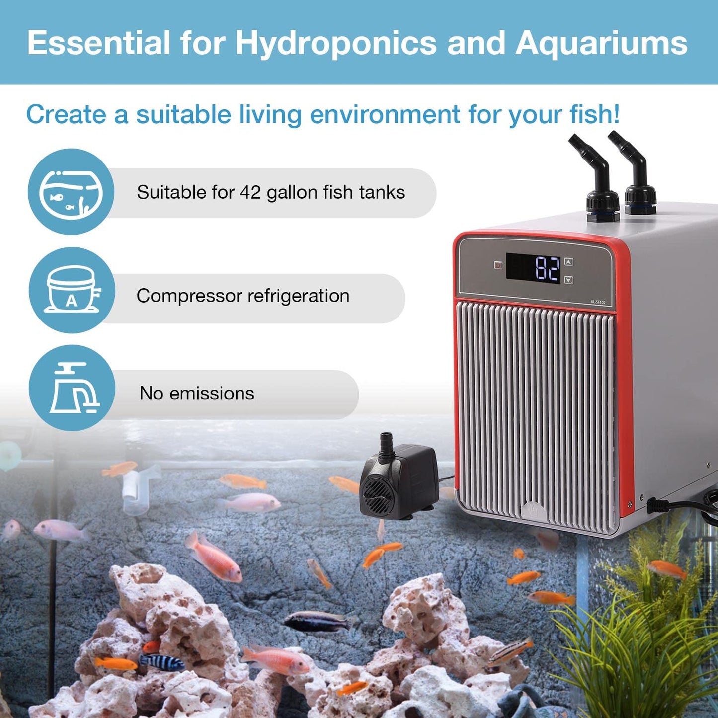 Beasty Lux Ezcasch Ezcasch 150W Aquarium Chiller, 42 gal Water Chillers, Hydroponic Cooler Fish Tank Cooling System for Axolotl Coral Reef Shrimp, 160L, with Detachable Air Inlet and Outlet Mesh.