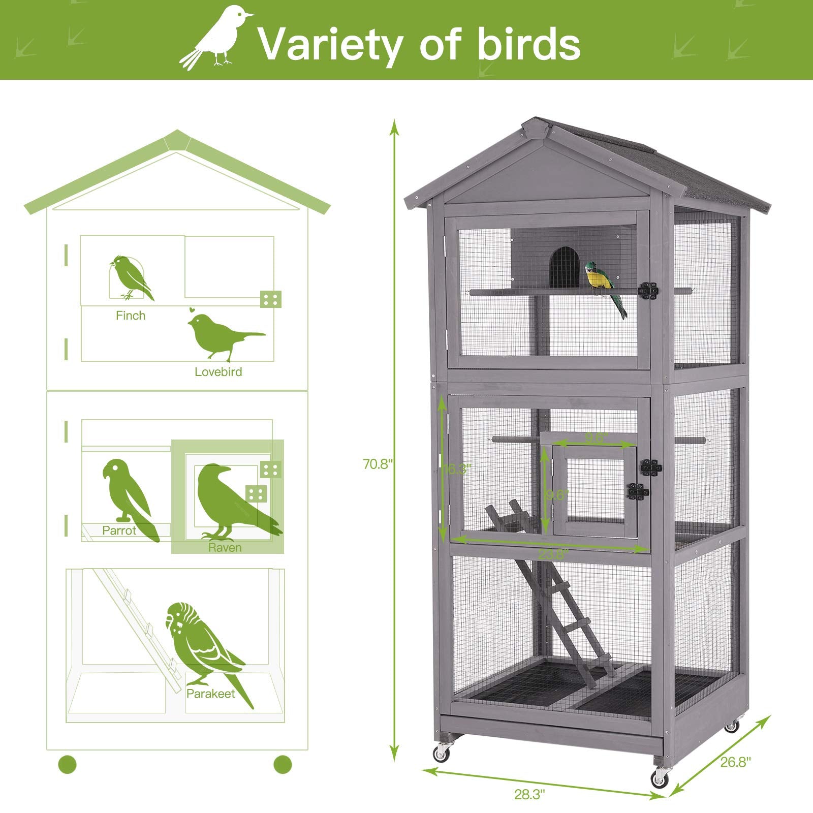 Beasty Lux GUTINNEEN GUTINNEEN Outdoor Wood Bird Aviary Indoor Large Bird Cage with Stand and Perches for Parakeets,Parrots,Finches,Cockatiels,Pigeons - 4 Wheels and Slide-Out Tray Include