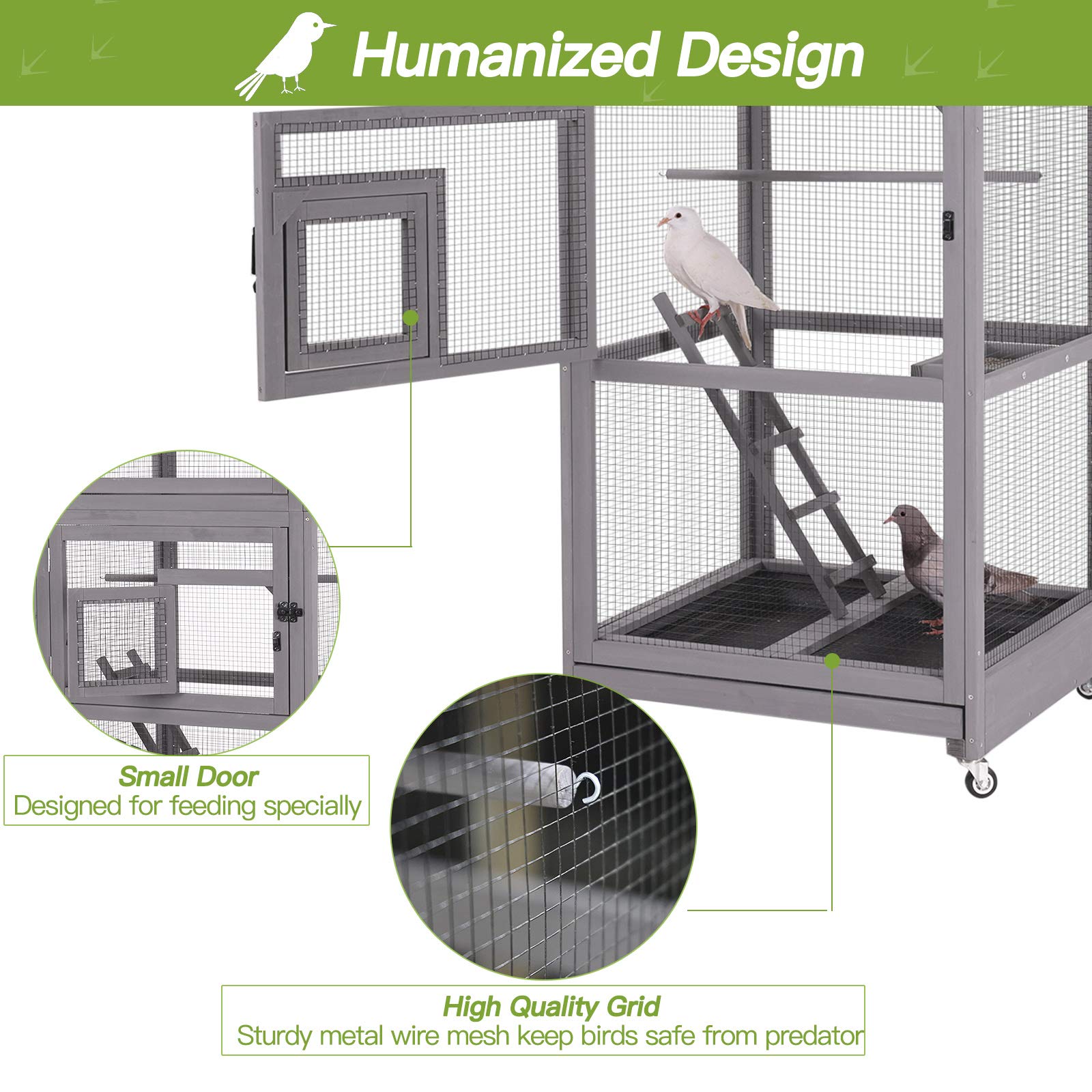 Beasty Lux GUTINNEEN GUTINNEEN Outdoor Wood Bird Aviary Indoor Large Bird Cage with Stand and Perches for Parakeets,Parrots,Finches,Cockatiels,Pigeons - 4 Wheels and Slide-Out Tray Include