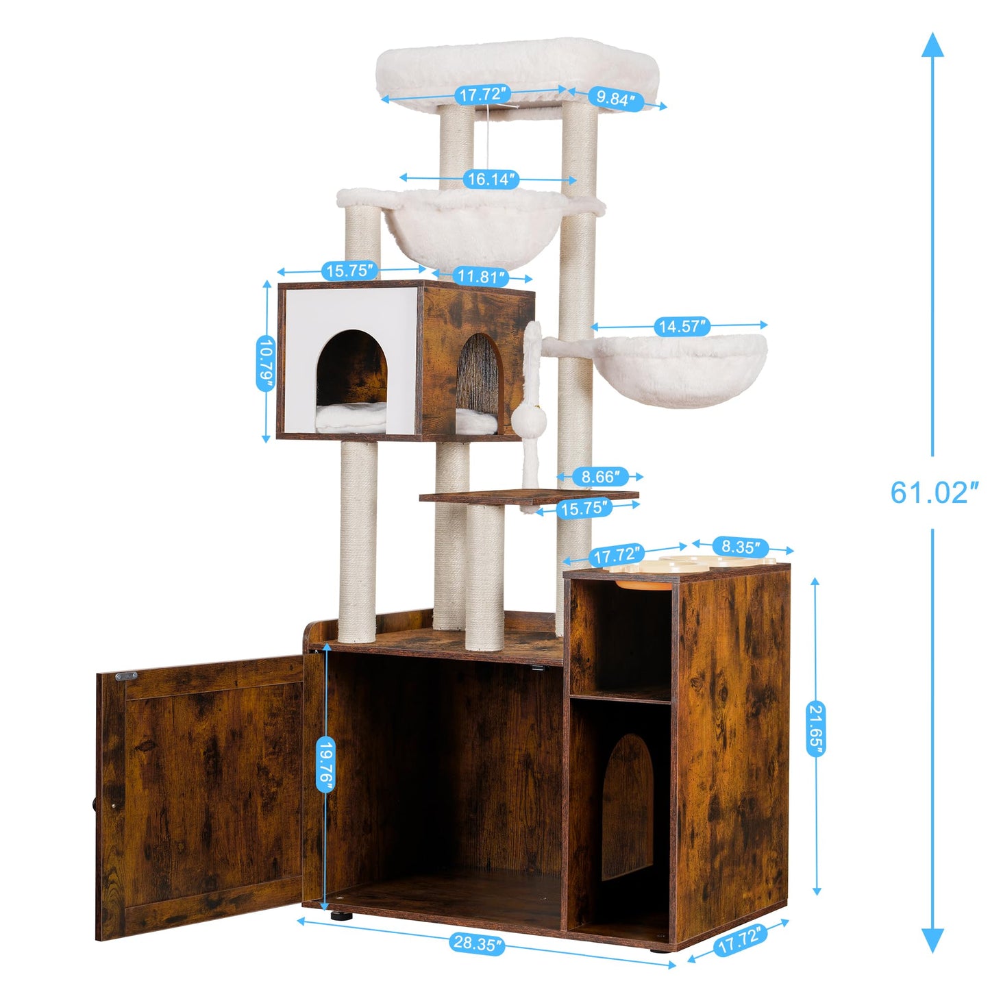 Beasty Lux Hey-brother Hey-brother Cat Tree with Litter Box Enclosure, Modern Cat Tower for Indoor Cats with Large Platform, Condo Food Station and 2 Hammocks, All-in-one Cat Furniture, Wood Rustic Brown MPJ115SR