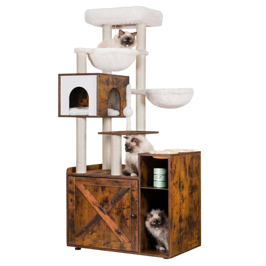 Beasty Lux Hey-brother Hey-brother Cat Tree with Litter Box Enclosure, Modern Cat Tower for Indoor Cats with Large Platform, Condo Food Station and 2 Hammocks, All-in-one Cat Furniture, Wood Rustic Brown MPJ115SR