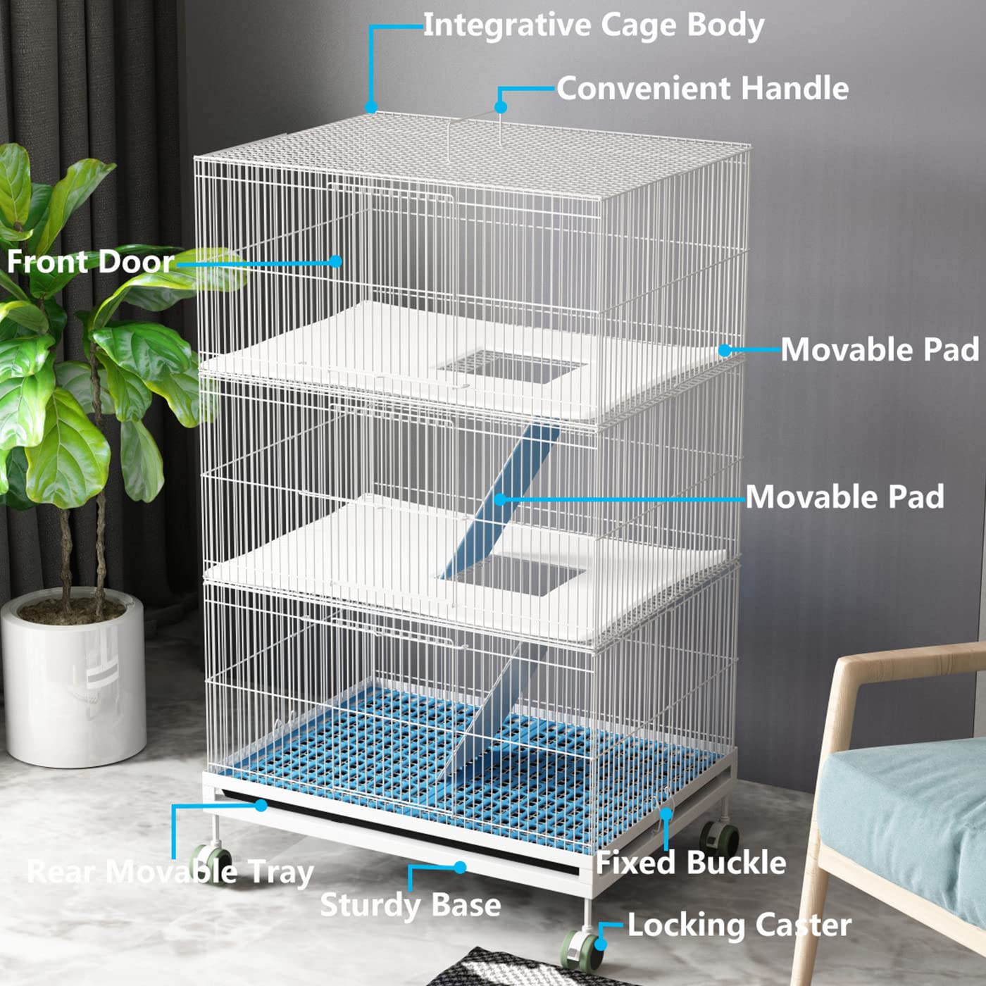 Beasty Lux KINGBO KINGBO 3-Tier Ferret Cage with 3 Front Doors, 23" × 17" × 39" Wire Cage, Animal Cage for Hamster, Rat, Chinchilla, Squirrel, Gerbil, Rabbit, Sugar Glider Cage with Wheels (White)