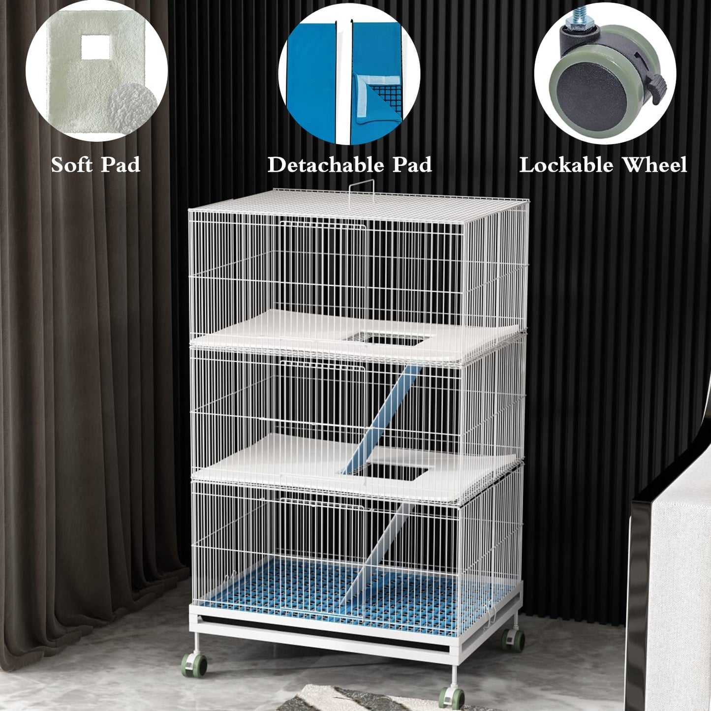 Beasty Lux KINGBO KINGBO 3-Tier Ferret Cage with 3 Front Doors, 23" × 17" × 39" Wire Cage, Animal Cage for Hamster, Rat, Chinchilla, Squirrel, Gerbil, Rabbit, Sugar Glider Cage with Wheels (White)