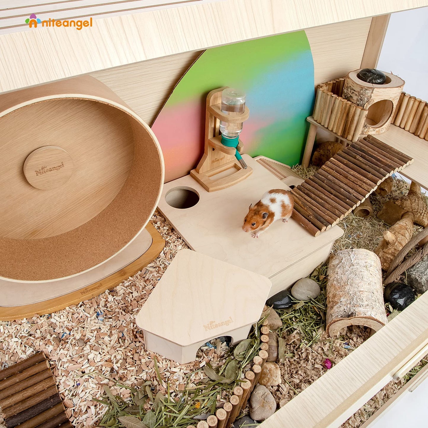 Beasty Lux Niteangel Niteangel Vista Hamster Cage W/Oblique Opening - MDF Aspen Small Animal Cage for Syrian Dwarf Hamsters Degus Mice or Other Similar-Sized Pets (Large - 47.1 x 22.7 x 26.9 inches, Burlywood)