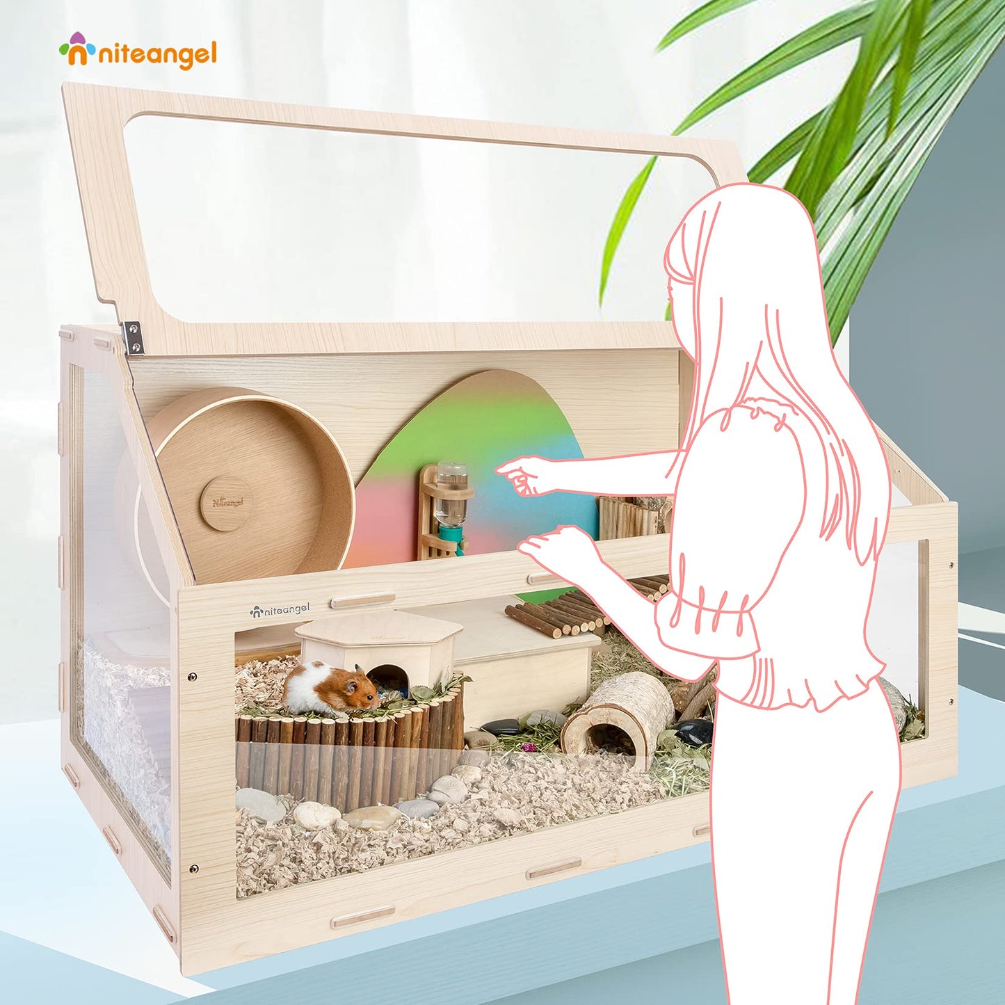 Beasty Lux Niteangel Niteangel Vista Hamster Cage W/Oblique Opening - MDF Aspen Small Animal Cage for Syrian Dwarf Hamsters Degus Mice or Other Similar-Sized Pets (Large - 47.1 x 22.7 x 26.9 inches, Burlywood)