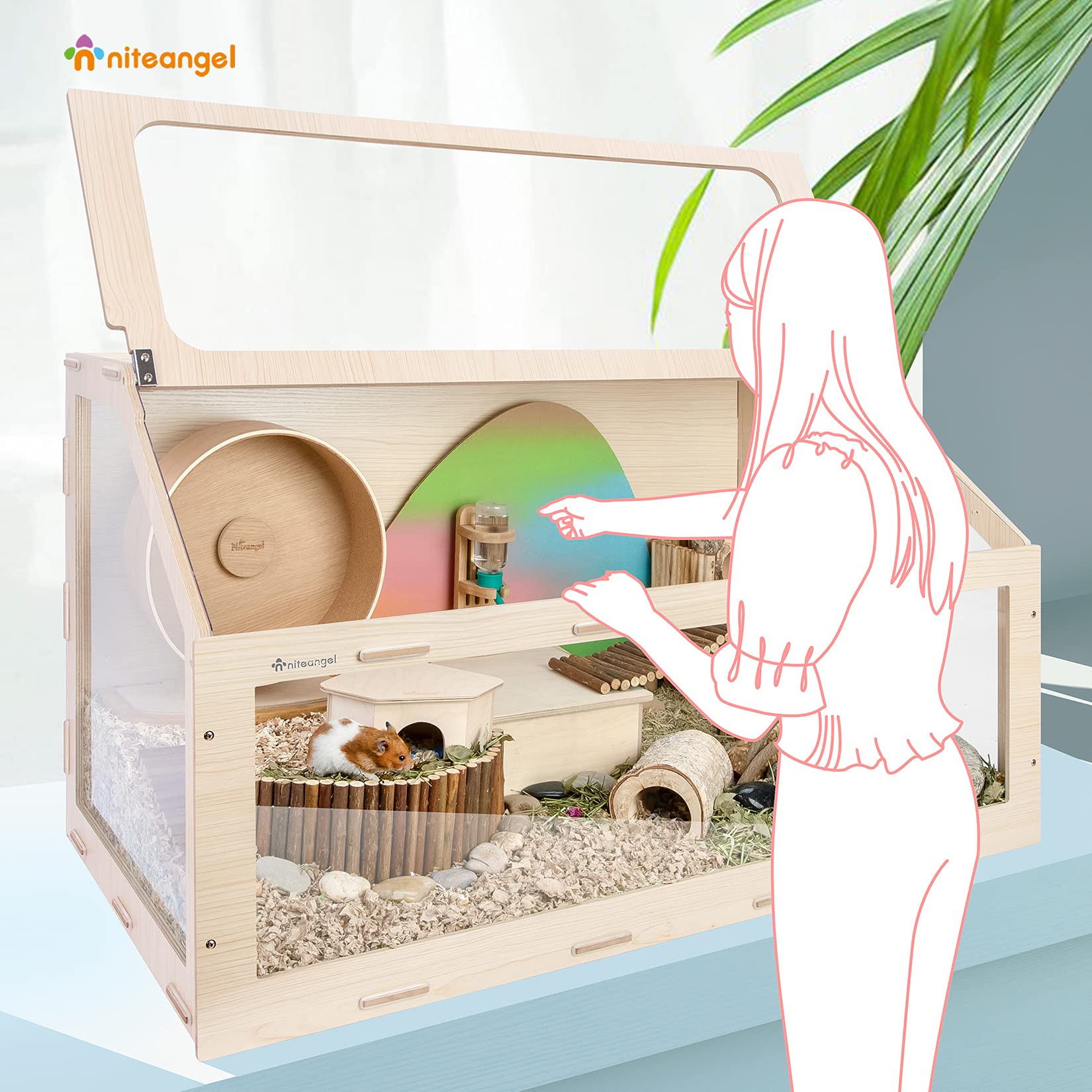 Beasty Lux Niteangel Niteangel Vista Hamster Cage W/Oblique Opening - MDF Aspen Small Animal Cage for Syrian Dwarf Hamsters Degus Mice or Other Similar-Sized Pets (Large - 47.1 x 22.7 x 26.9 inches, Burlywood)