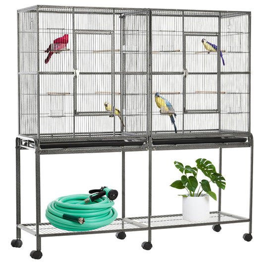 Beasty Lux PawHut PawHut 64" Extra Large Bird Cage, Rolling Metal Parrot Cage, Bird House with Detachable Rolling Stand, Storage Shelf, Wood Perch, Food Container, 62.8" x 18.9" x 64.2"