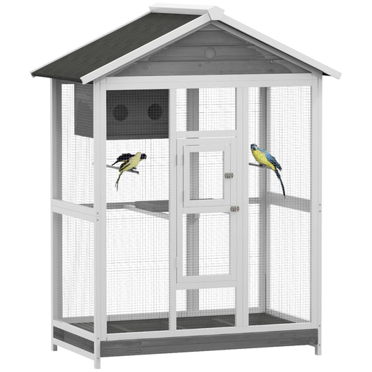 Beasty Lux PawHut PawHut 65" Bird Cage Large Wooden Aviary for Canary with Standing Pole Nest Slide-Out Tray, for Indoor Outdoor, Grey