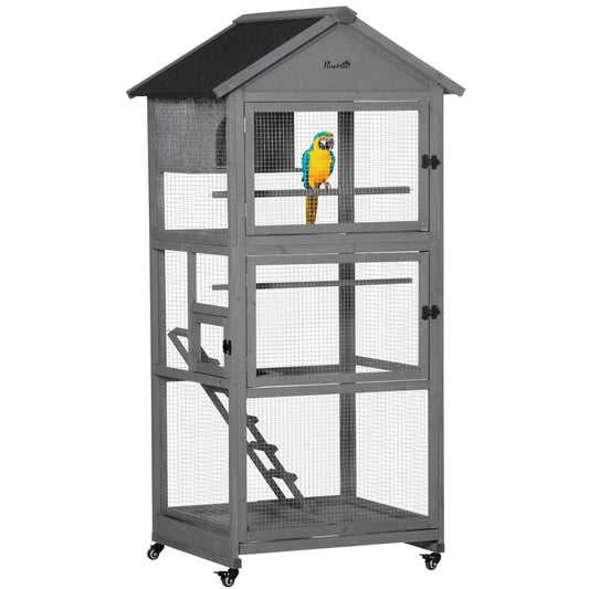 Beasty Lux PawHut PawHut 71" Bird Cage Wooden Bird Cage Stand with Two Doors, Ladder and Pull Out Tray for Finches, Dark Grey