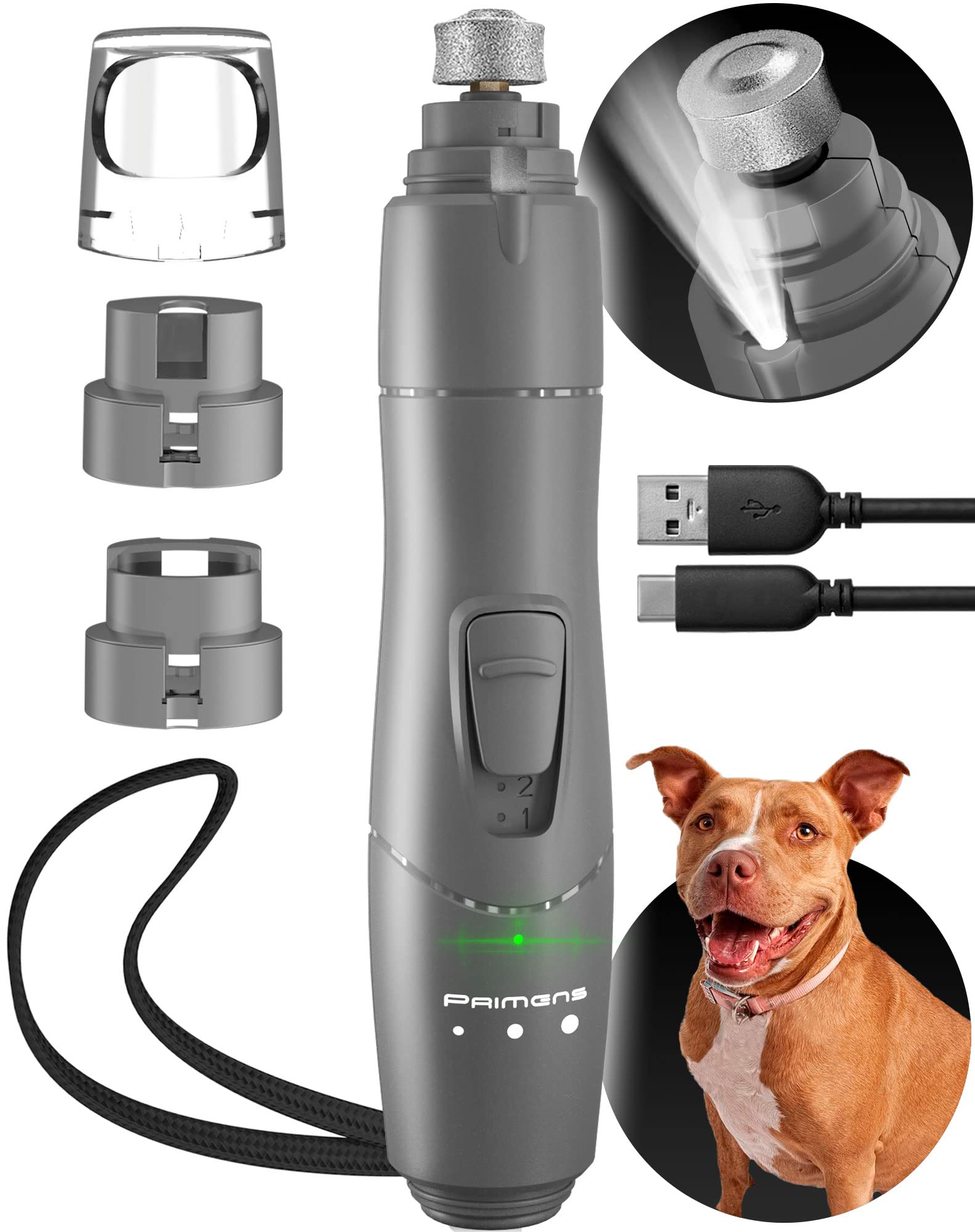 Beasty Lux Primens Dog Nail Grinder with LED Light, Rechargeable Dog Nail Clippers for Large Dogs, Medium & Small Dogs, Professional Pet Nail Grinder for Dogs Quiet Soft Puppy Grooming, Cat Nail Grinder (Grey, Grey)