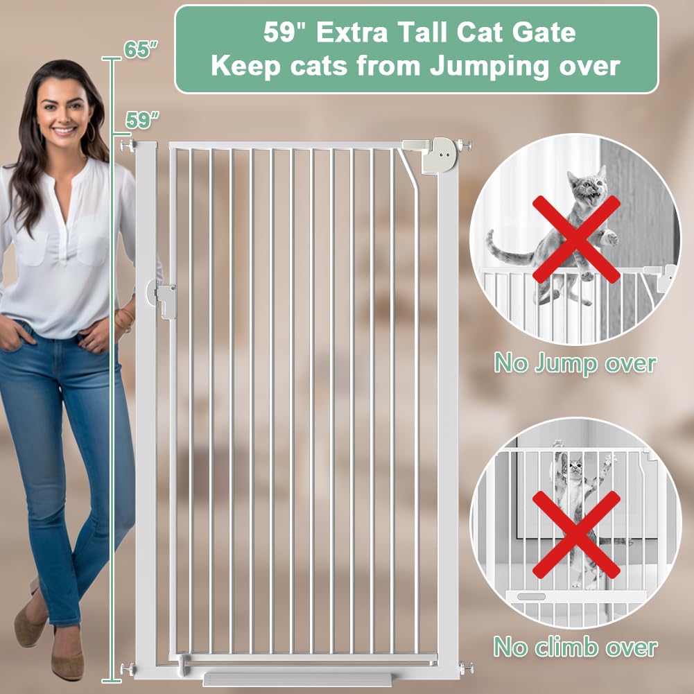 Beasty Lux Qonimm 59" Extra Tall Cat Pet Gate 36.2-39.7" Wide Pressure Mounted Tall Pet Gate Easy Walk-Through Auto-Close Safety Pet Gate for Cats and Dogs for Indoor Stairs, Doorways, and Kitchen