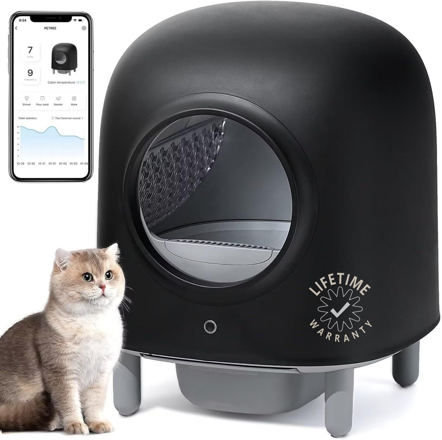 Beasty Lux RoundT2 Self Cleaning Cat Litter Box - Automatic Cat Litter Box, Ultra Quiet Cat Toilet, Large Space for Multiple Cats, Smart Sensor Pet Litter Box, with APP Control, Black