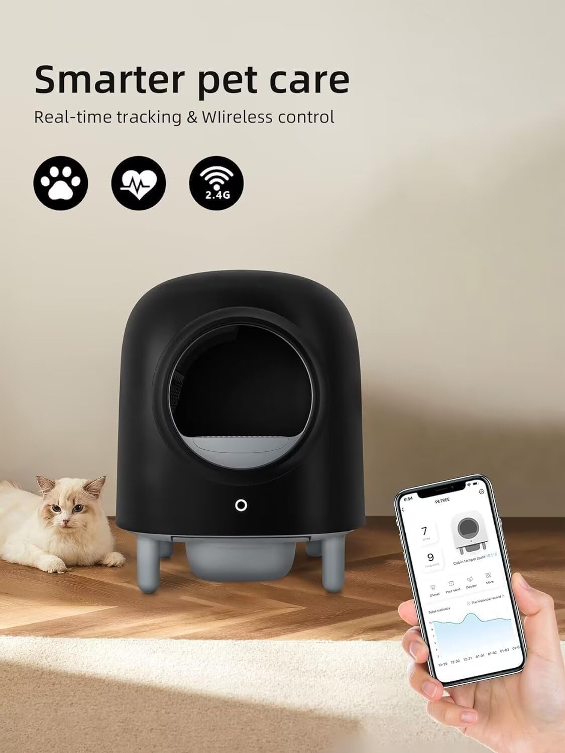 Beasty Lux RoundT2 Self Cleaning Cat Litter Box - Automatic Cat Litter Box, Ultra Quiet Cat Toilet, Large Space for Multiple Cats, Smart Sensor Pet Litter Box, with APP Control, Black