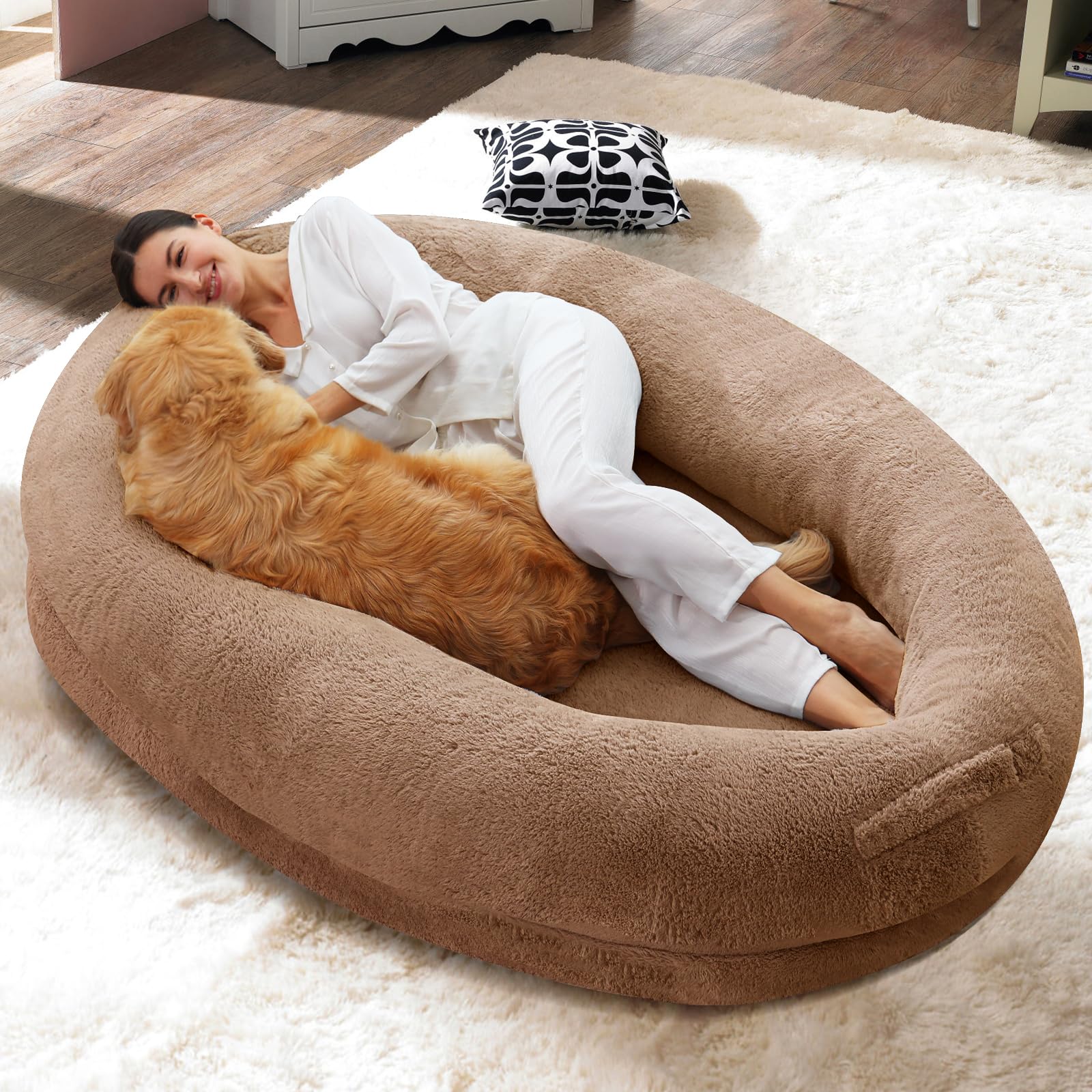 Beasty Lux SUNYRISY SUNYRISY Large Human Dog Bed, 71" x 47.2" x 12" Human Size Dog Bed for Adults People, Washable Faux Fur Non-Slip Bottom Giant Dog Bed for Humans Doze Off, Dog Beds for Large Dog, Brown