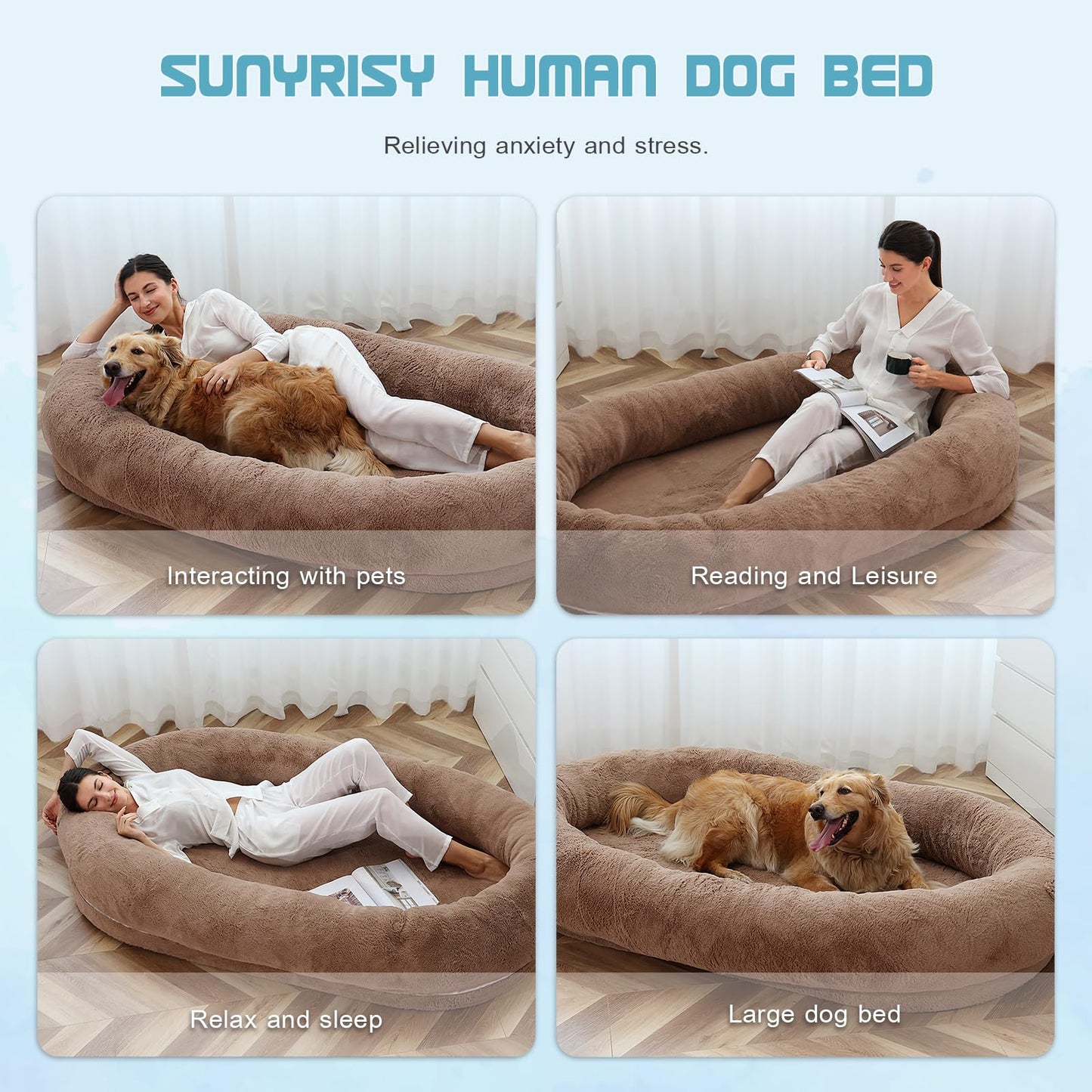 Beasty Lux SUNYRISY SUNYRISY Large Human Dog Bed, 71" x 47.2" x 12" Human Size Dog Bed for Adults People, Washable Faux Fur Non-Slip Bottom Giant Dog Bed for Humans Doze Off, Dog Beds for Large Dog, Brown