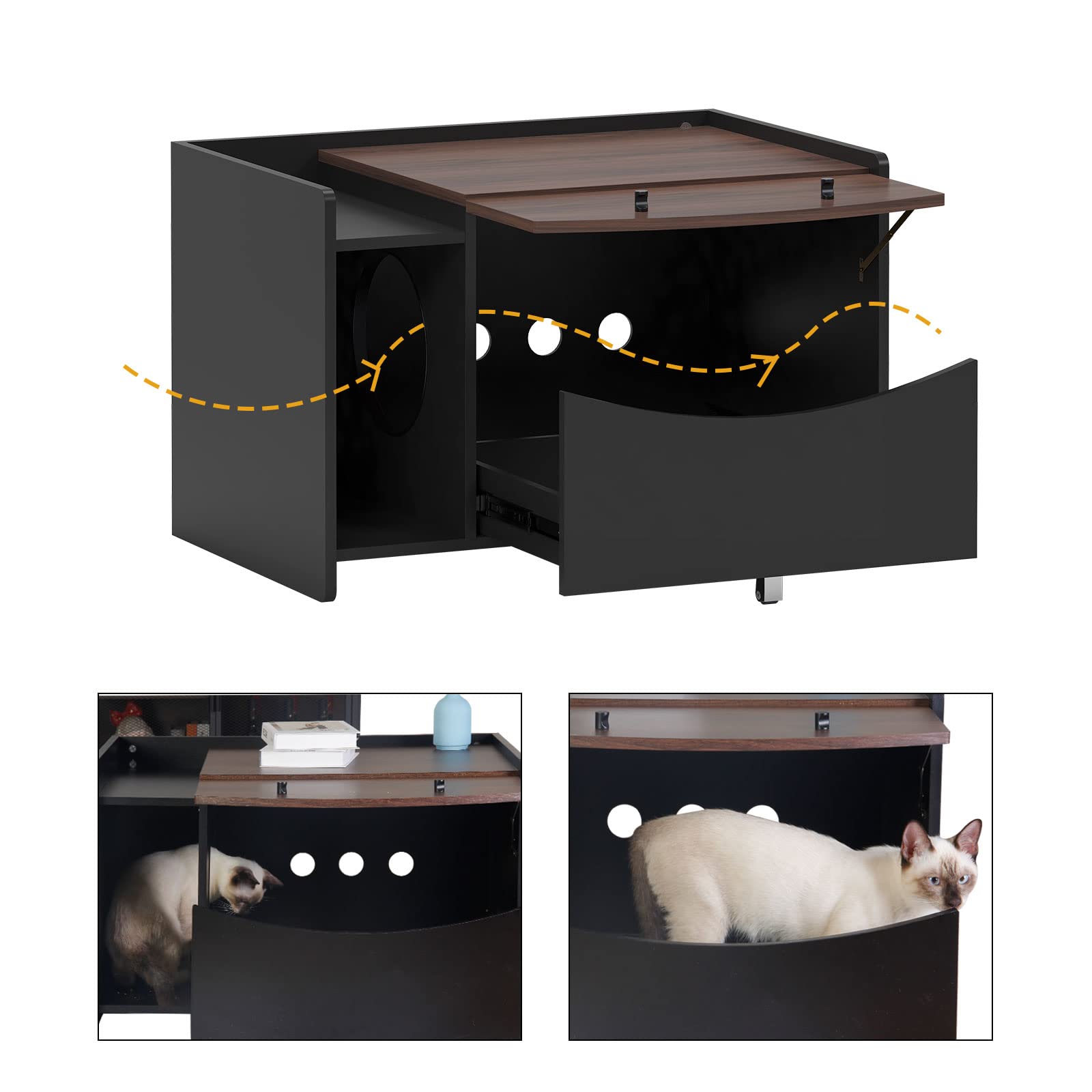 Beasty Lux SogesPet SogesPet Cat Litter Box Enclosure, Enclosed Cat House Side Table with Drawer and Directional Wheel, Cat Cat Storage Cabinet Litter Box Furniture Hidden for Living Room, Bedroom, Black