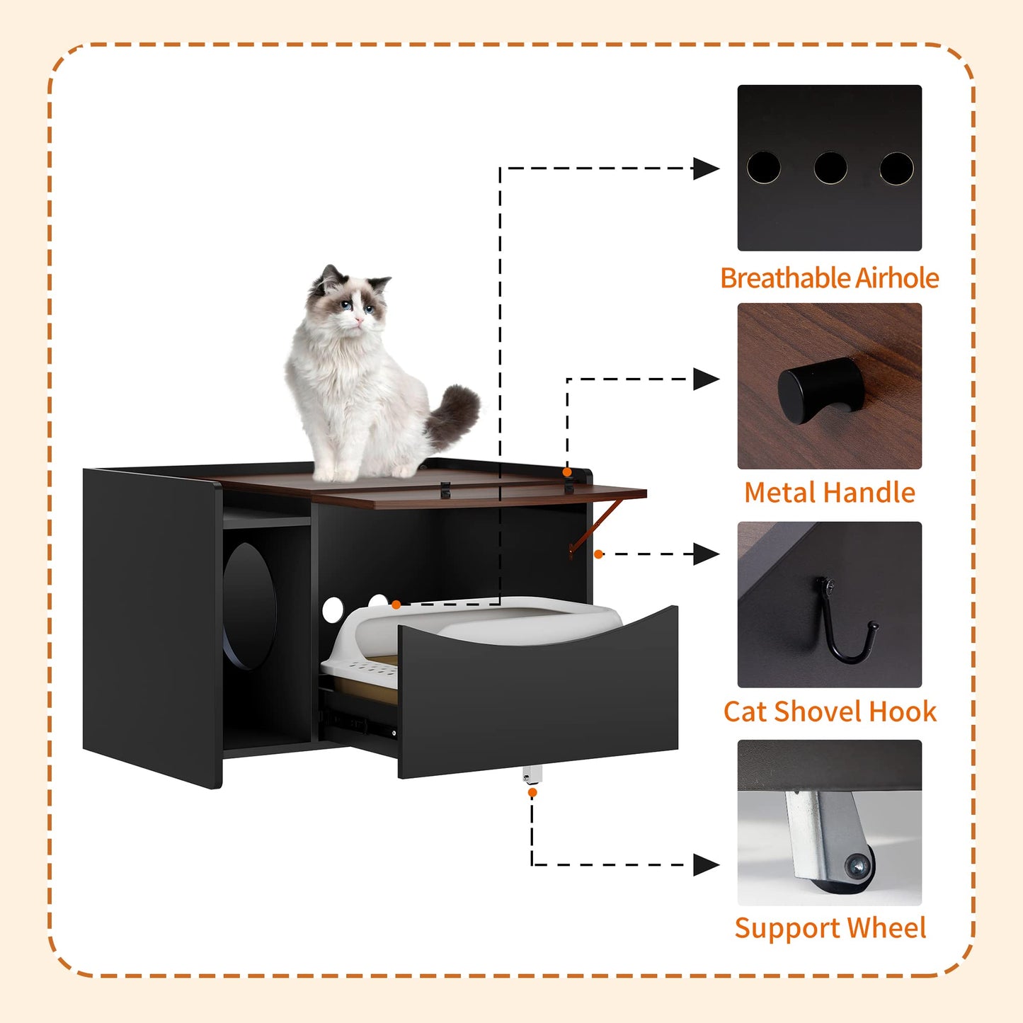 Beasty Lux SogesPet SogesPet Cat Litter Box Enclosure, Enclosed Cat House Side Table with Drawer and Directional Wheel, Cat Cat Storage Cabinet Litter Box Furniture Hidden for Living Room, Bedroom, Black