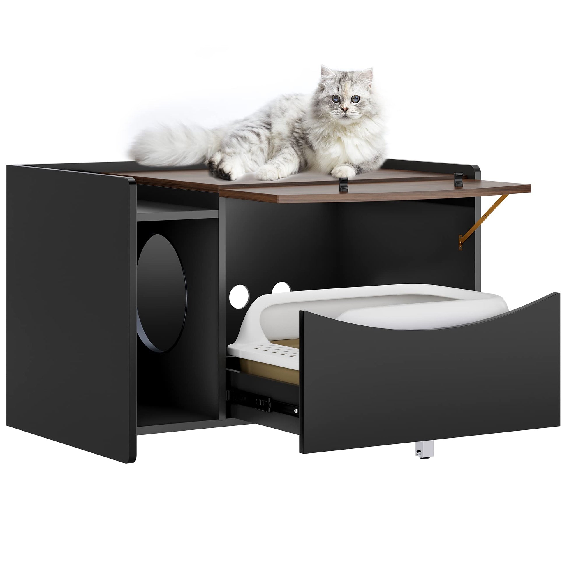 Beasty Lux SogesPet SogesPet Cat Litter Box Enclosure, Enclosed Cat House Side Table with Drawer and Directional Wheel, Cat Cat Storage Cabinet Litter Box Furniture Hidden for Living Room, Bedroom, Black