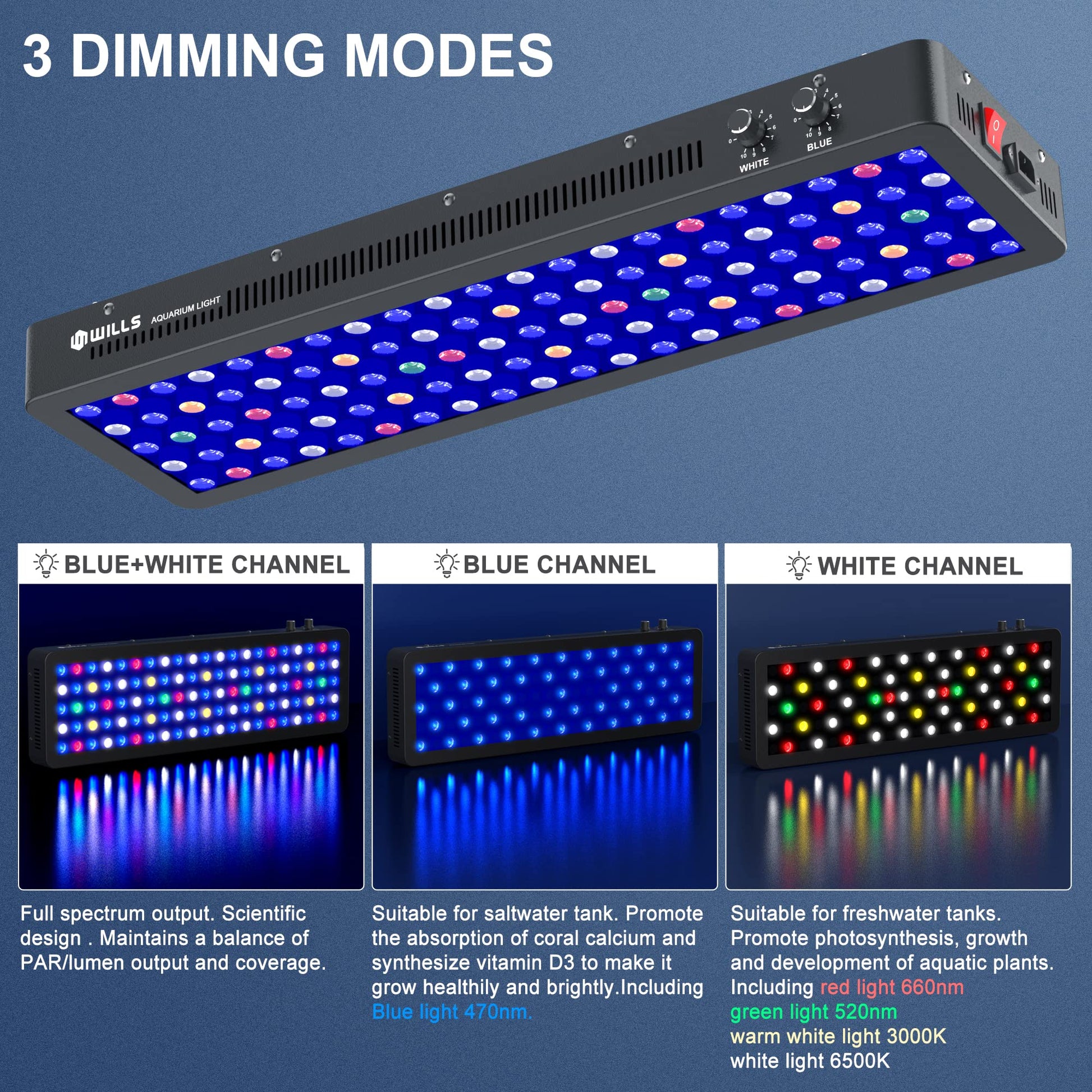 Beasty Lux WILLS WILLS Aquarium Light, Dimmable Full Spectrum Fish Tank Light with 3 Dimming Modes & 105 Premium SMD Chips, 300W LED Aquarium Plant Light for Saltwater Freshwater Coral Reef (28"x8.5"x2.4")