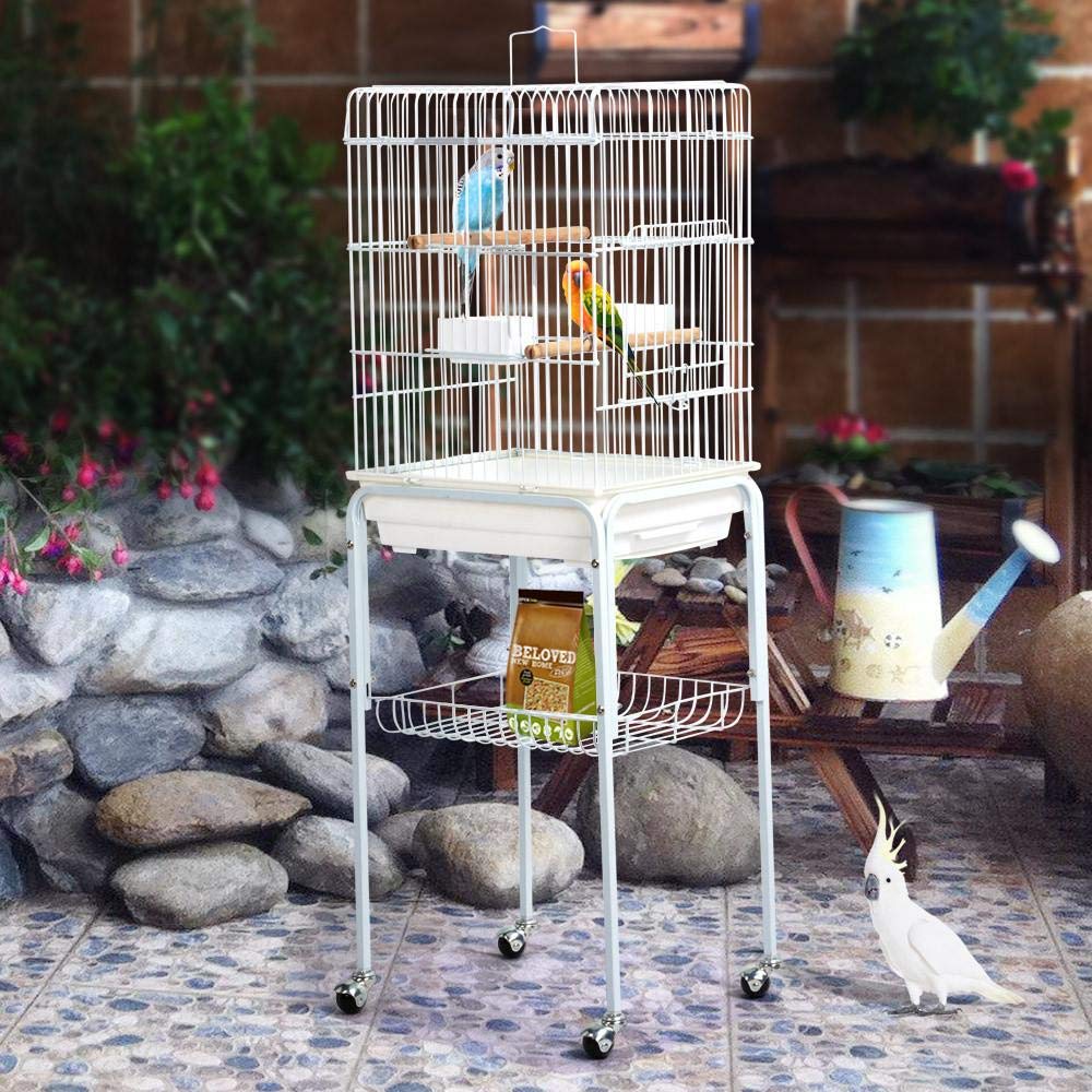 Beasty Lux Yaheetech Yaheetech 47''H Metal Rolling Bird Cage Parakeet Finch Budgie Conure Lovebird Pet Bird Cage w/Rolling Stand/Storage Shelf/Bottom Tray/Handle,White