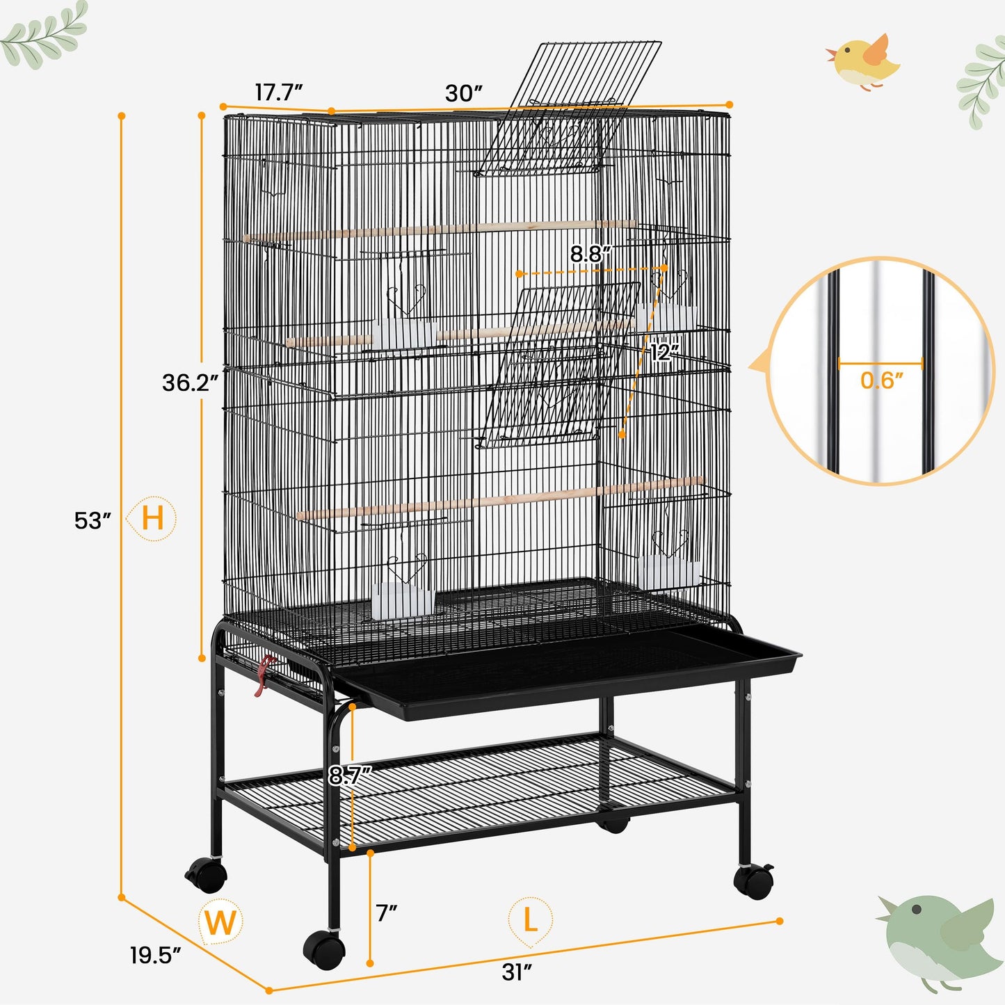 Beasty Lux Yaheetech Yaheetech 53'' Large Bird Cage Budgie Cage for Parakeets Cockatiels Conures Lovebirds Parrots with Rolling Stand