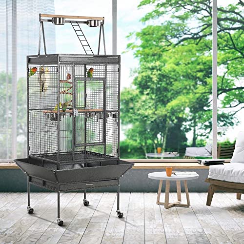 Beasty Lux Yaheetech Yaheetech 69-inch Wrought Iron Rolling Large Parrot Bird Cage for African Grey Small Quaker Amazon Parrot Cockatiel Sun Parakeet Green Cheek Conure Dove Lovebird Budgie Play Top Bird Cage with Stand