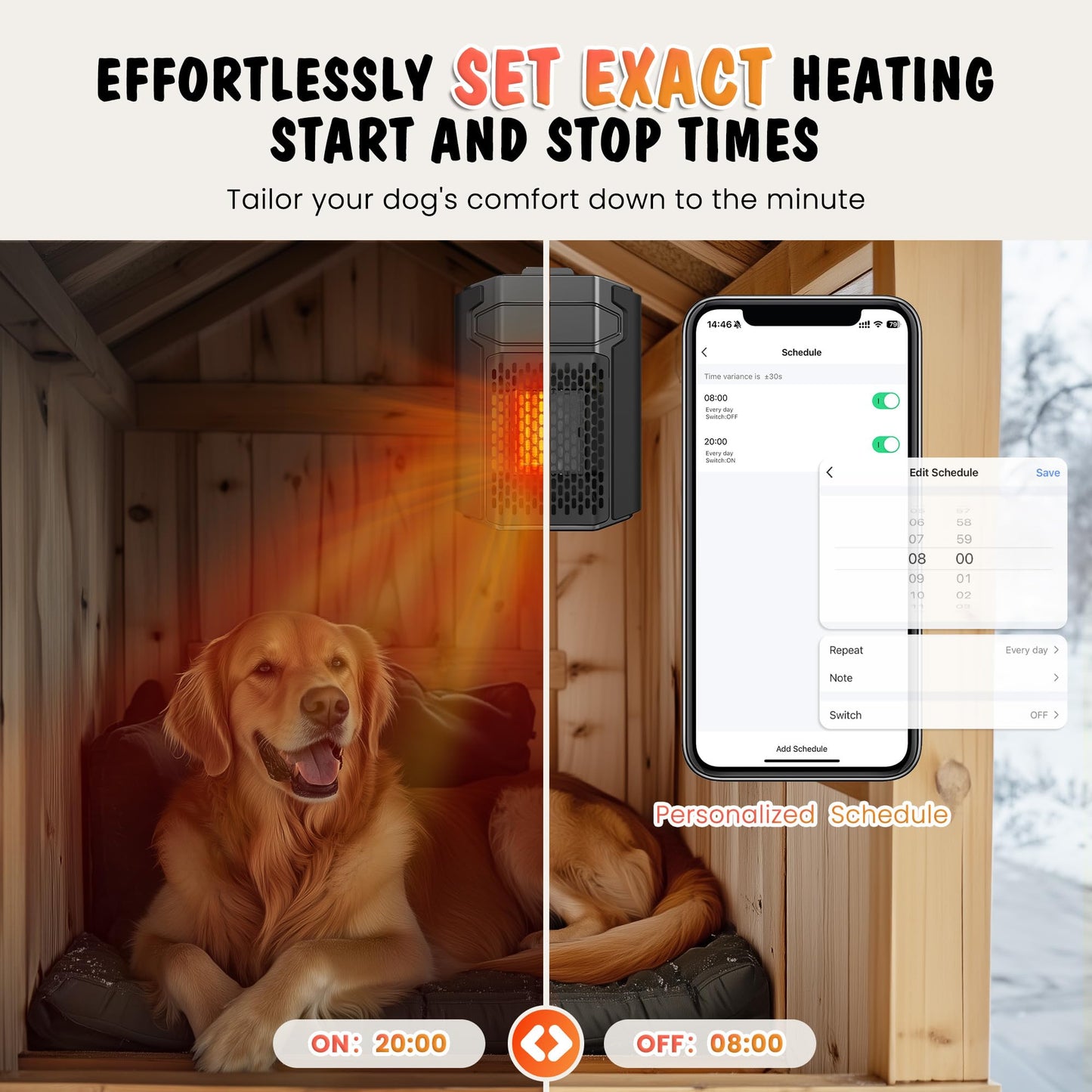 Beasty Lux petnf Dog House Heater with Thermostat, 500W Dog Heater APP WIFI Control, Dog House Heaters for Outside Dog House Outdoor with 6.5FT External Temperature Probe, Pet House Heater with Adjustable Temp & Timer